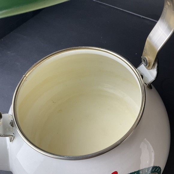 Vintage Mervyn's Porcelain on Steel Holiday Tradition Tea Kettle Winter Sleigh - Picture 7 of 13